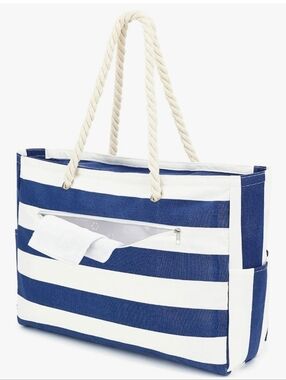 Striped Rope-Handle Beach Tote Bag - Navy & White